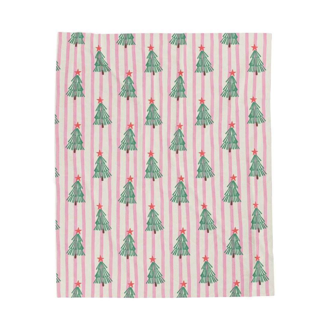 Pink Stripe Christmas Tree Velveteen Plush Blanket, Retro Green Tree Holiday Throw, Cozy Christmas Gift