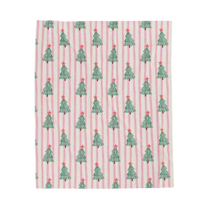 Pink Stripe Christmas Tree Velveteen Plush Blanket, Retro Green Tree Holiday Throw, Cozy Christmas Gift