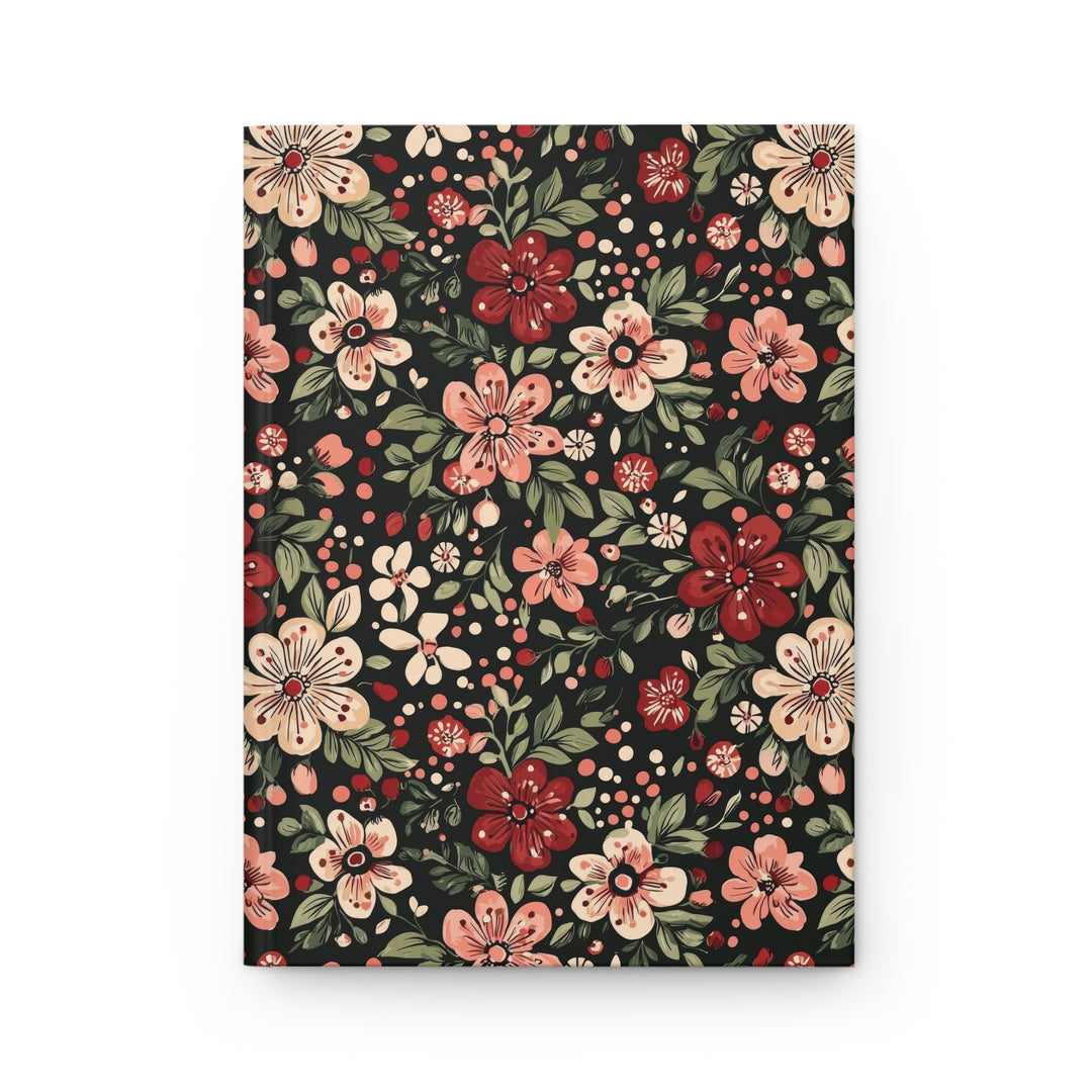 Retro Christmas Floral Hardcover Notebook, Dark Botanical Lined Journal, Pink Red Flower Stationery Gift