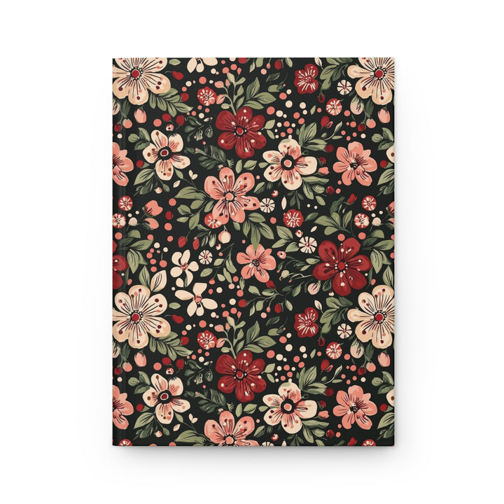 Retro Christmas Floral Hardcover Notebook, Dark Botanical Lined Journal, Pink Red Flower Stationery Gift