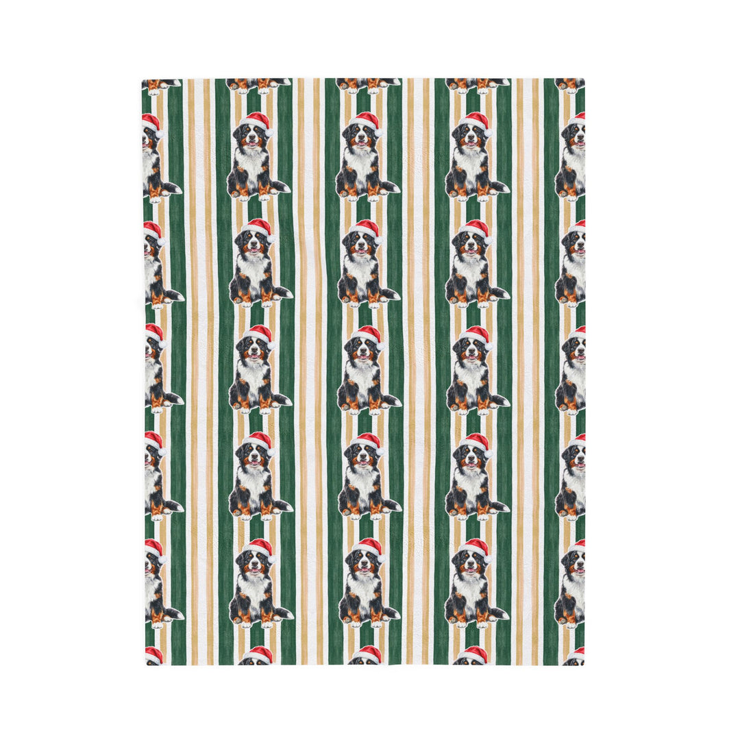 Bernese Mountain Dog Christmas Velveteen Plush Blanket, Green Gold Stripes, Santa Dog Throw