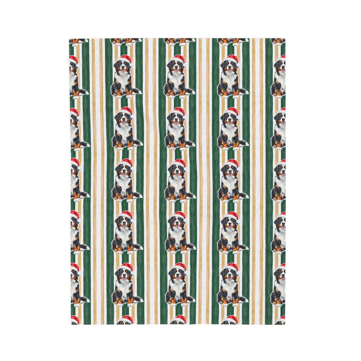 Bernese Mountain Dog Christmas Velveteen Plush Blanket, Green Gold Stripes, Santa Dog Throw