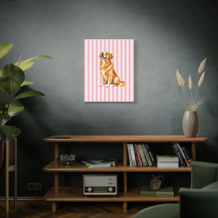 Golden Retriever Canvas Wall Art, Pink Stripe Stretched Canvas, Golden Retriever Mom Gift