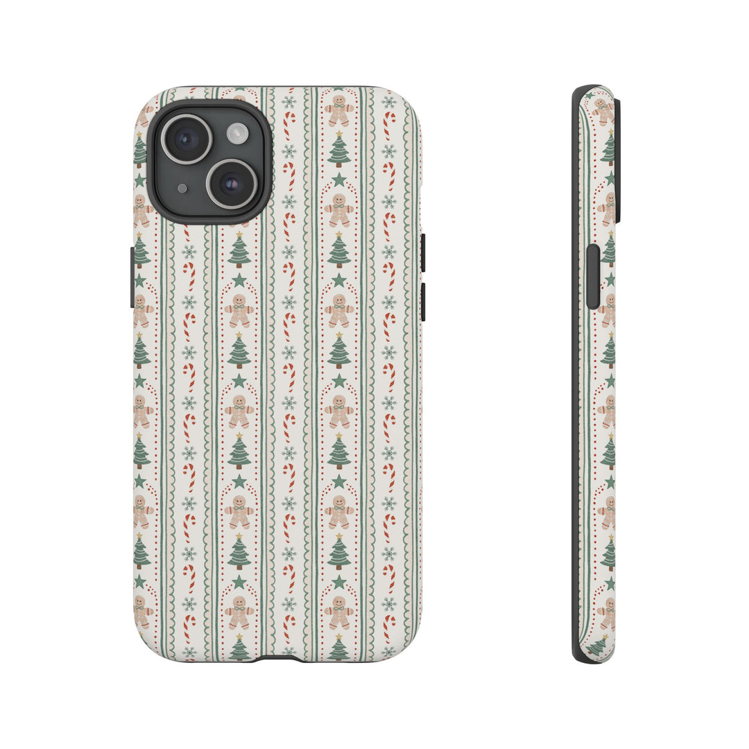Gingerbread Stripe Tough iPhone Case, Sage Green Christmas Tree Holiday Phone Cover, Matte or Glossy
