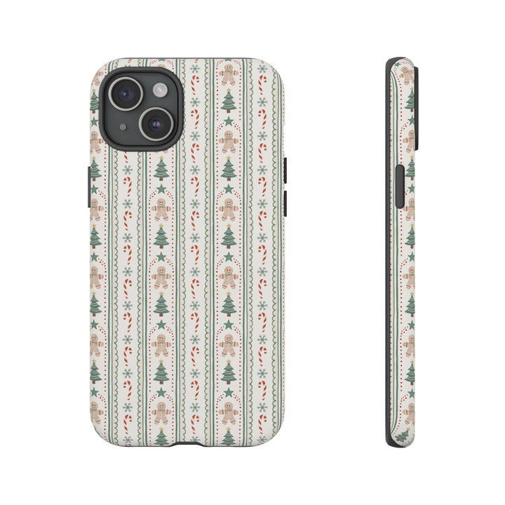 Gingerbread Stripe Tough iPhone Case, Sage Green Christmas Tree Holiday Phone Cover, Matte or Glossy