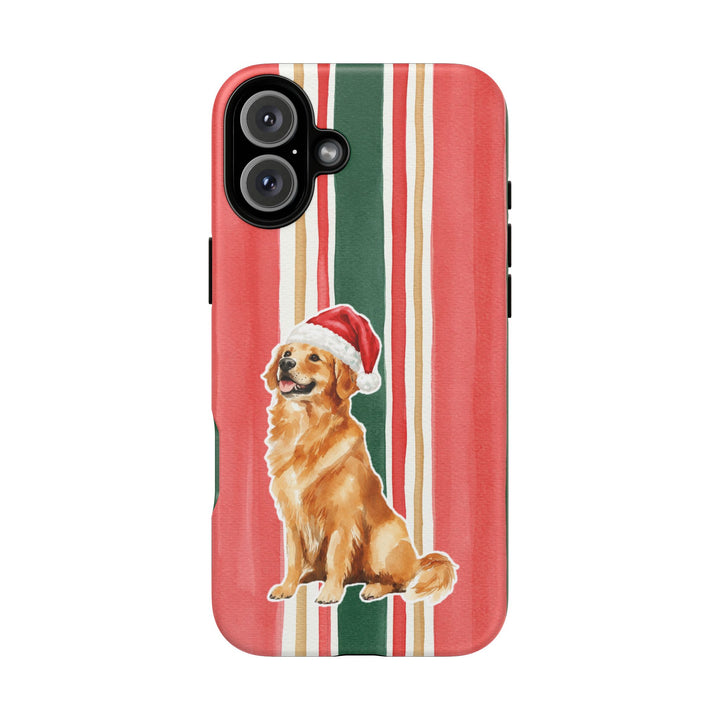 Golden Retriever Christmas Tough iPhone Case, Classic Red Green Stripes, Santa Dog Phone Cover