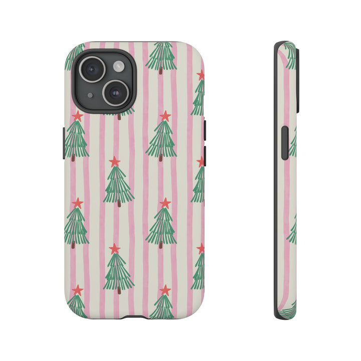 Retro Christmas Tree Tough iPhone Case, Pink Stripe Green Tree Holiday Phone Cover, Matte or Glossy