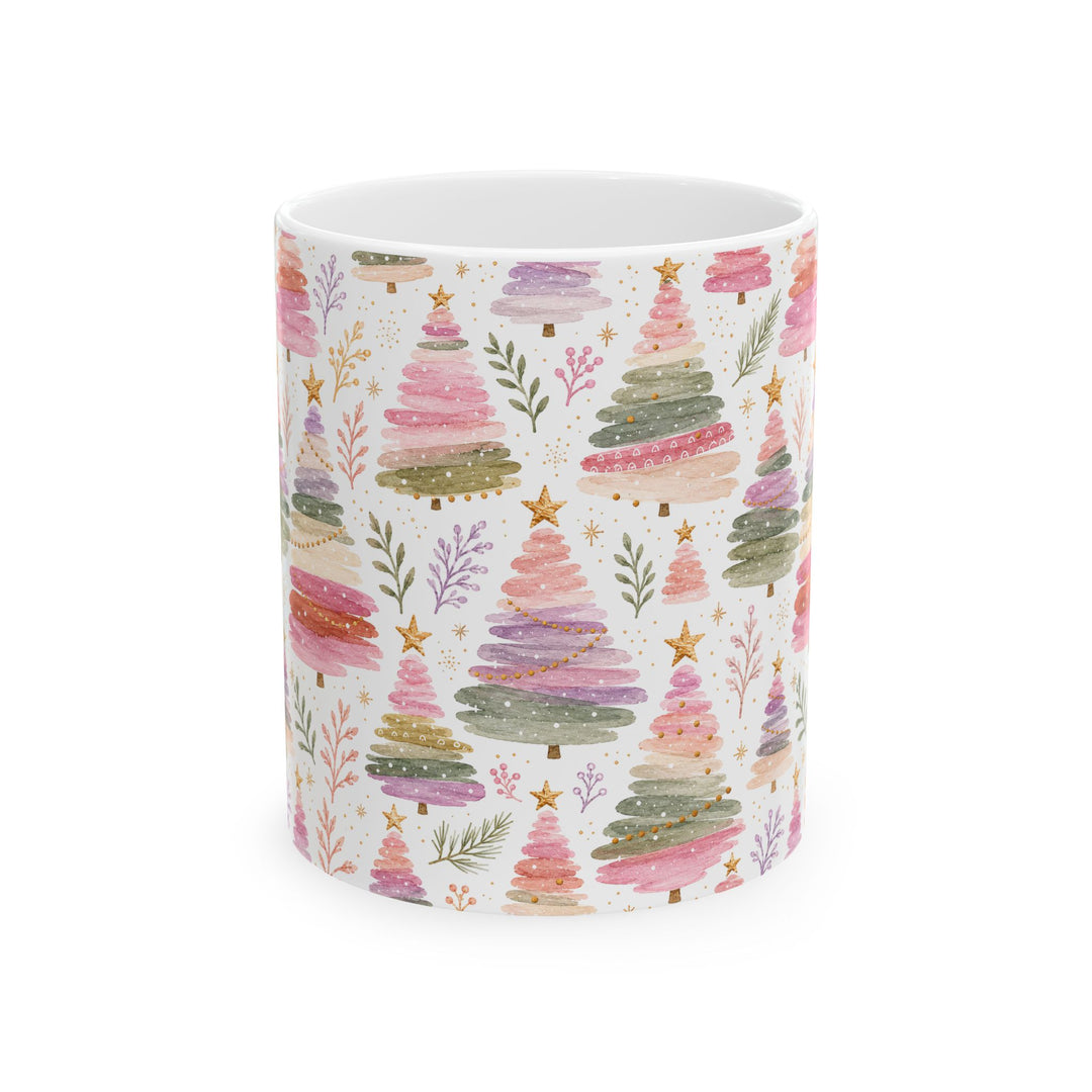 Pastel Christmas Tree Ceramic Mug, Pink Sage Watercolor Holiday Coffee Cup, Cozy Gift, 11oz and 15oz