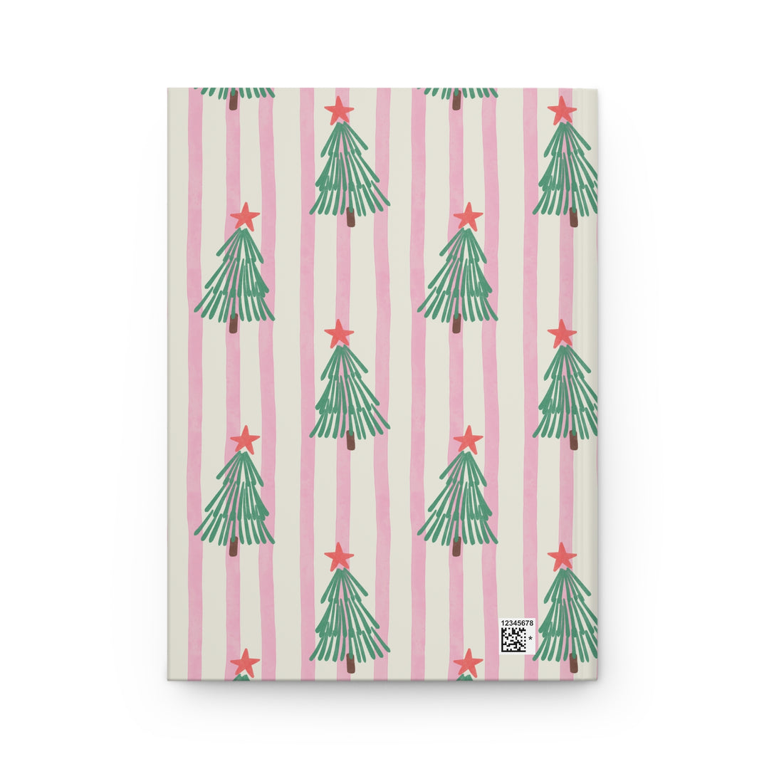 Retro Christmas Tree Hardcover Notebook, Pink Stripe Lined Journal, Cute Holiday Stationery Gift
