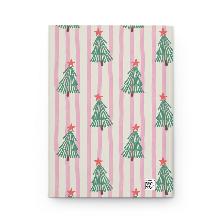 Retro Christmas Tree Hardcover Notebook, Pink Stripe Lined Journal, Cute Holiday Stationery Gift