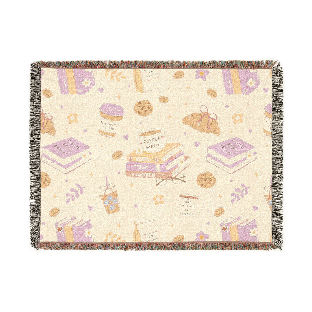 Coffee and Books Woven Blanket, Pastel Pink Cotton Throw, Cozy Book Lover Gift