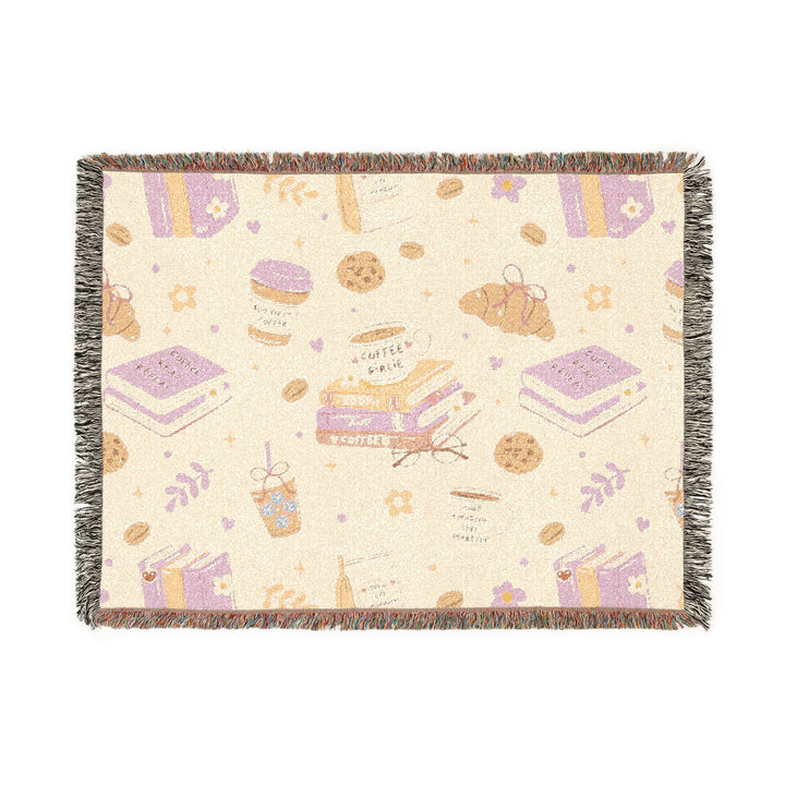 Coffee and Books Woven Blanket, Pastel Pink Cotton Throw, Cozy Book Lover Gift