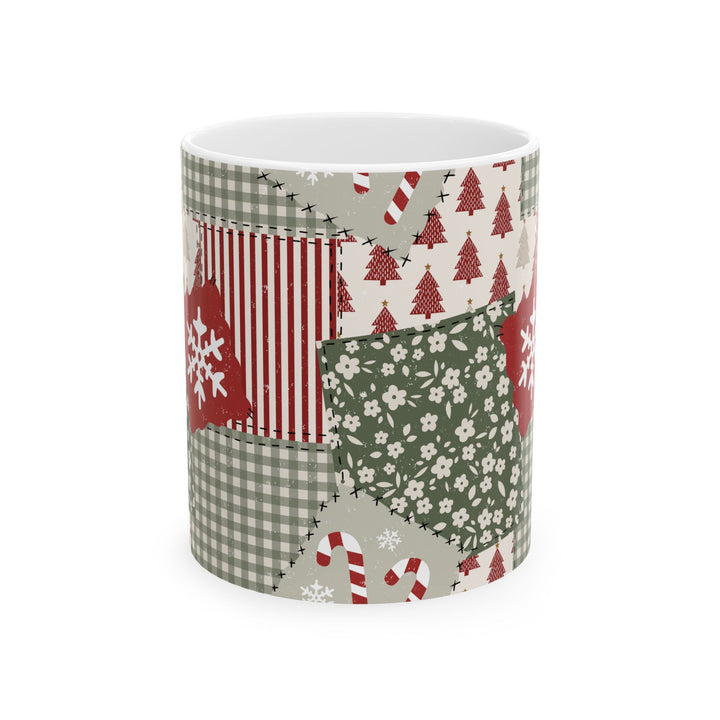 Christmas Patchwork Ceramic Mug, Red Sage Floral Gingham Coffee Cup, Rustic Holiday Gift, 11oz and 15oz