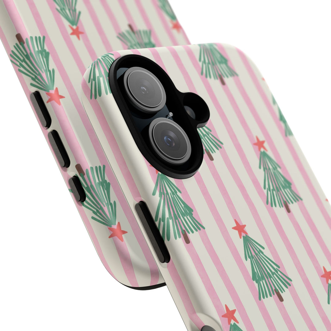 Retro Christmas Tree Tough iPhone Case, Pink Stripe Green Tree Holiday Phone Cover, Matte or Glossy