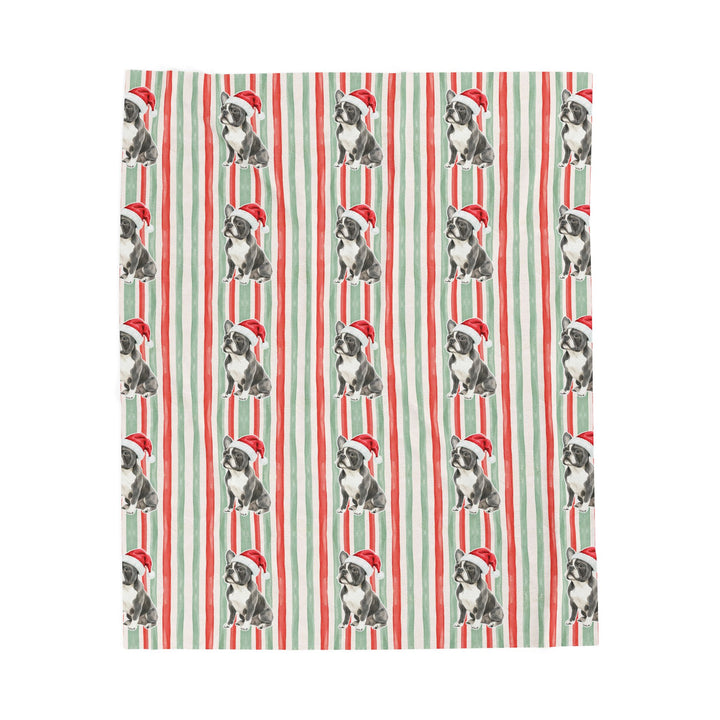 French Bulldog Christmas Velveteen Plush Blanket, Red Sage Stripes, Santa Dog Throw