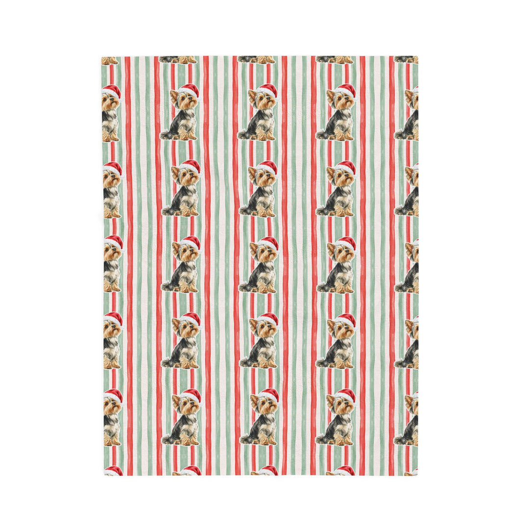 Yorkshire Terrier Christmas Velveteen Plush Blanket, Red Sage Stripes, Santa Dog Throw
