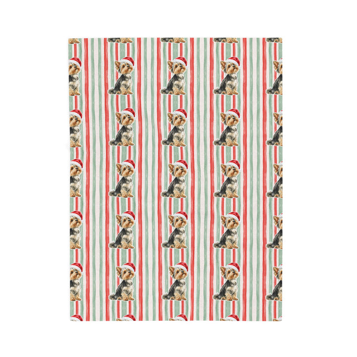 Yorkshire Terrier Christmas Velveteen Plush Blanket, Red Sage Stripes, Santa Dog Throw