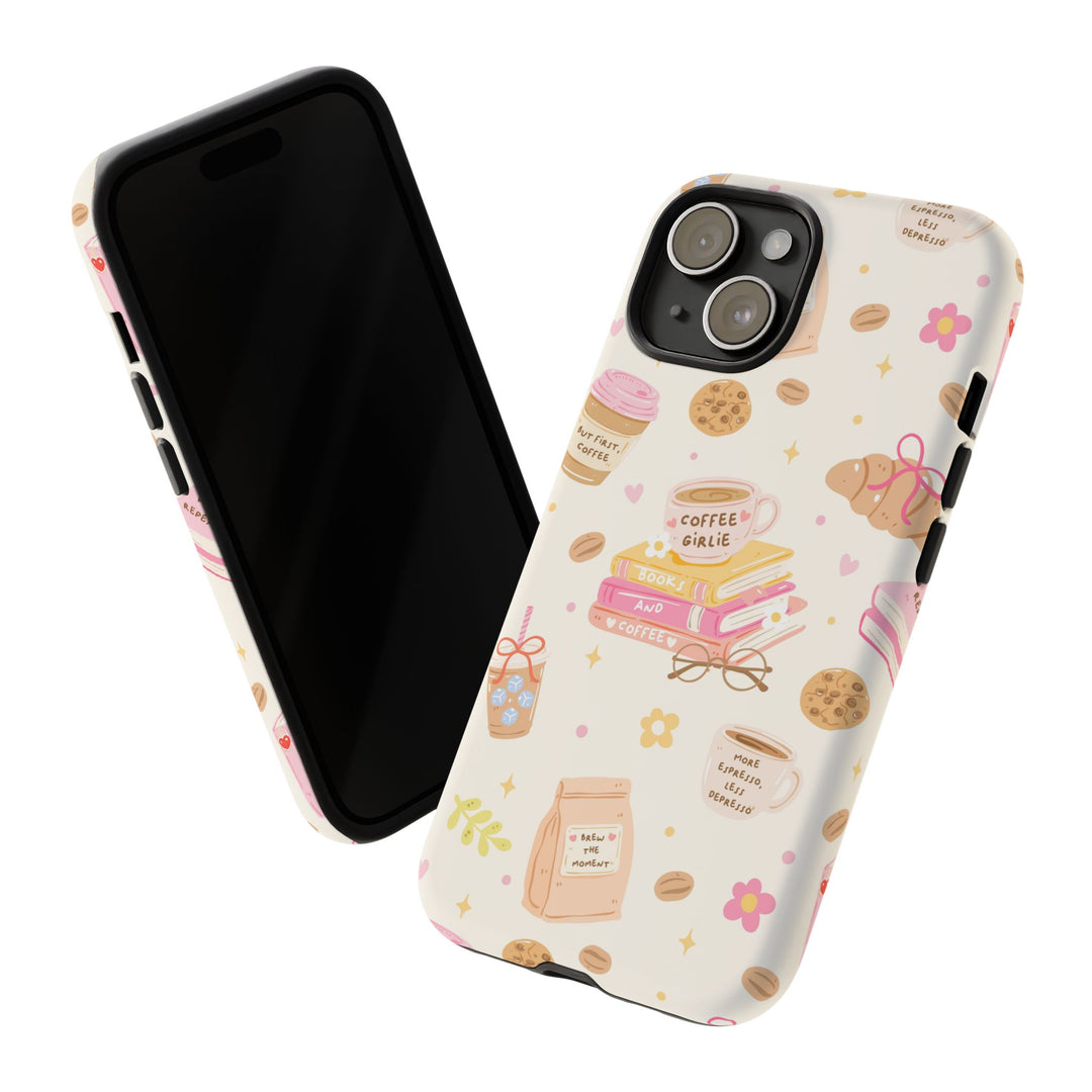 Coffee and Books Tough iPhone Case, Pastel Pink Bookish Phone Cover, Matte or Glossy