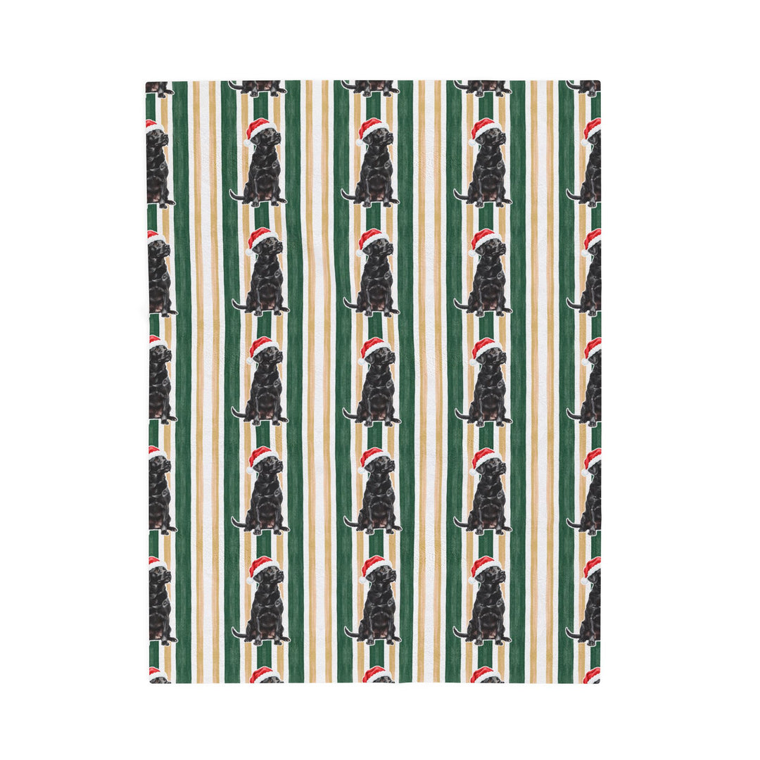 Black Labrador Christmas Velveteen Plush Blanket, Green Gold Stripes, Santa Dog Throw