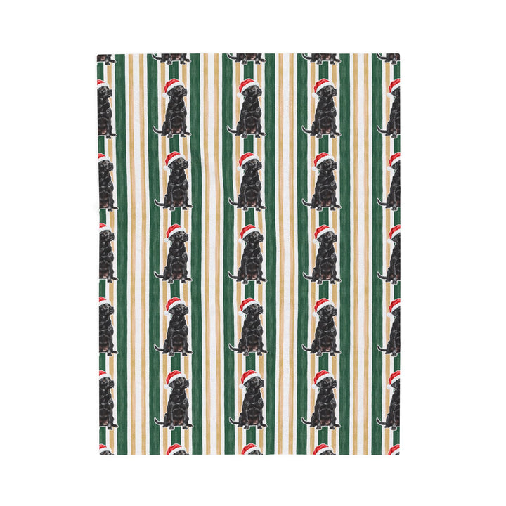 Black Labrador Christmas Velveteen Plush Blanket, Green Gold Stripes, Santa Dog Throw