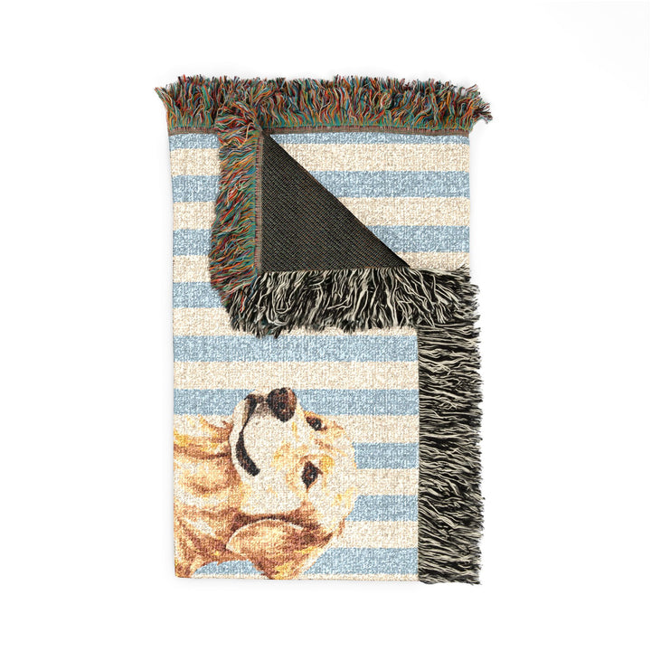 Golden Retriever Woven Blanket, Blue Stripe Cotton Throw, Golden Retriever Mom Gift, 60 x 50