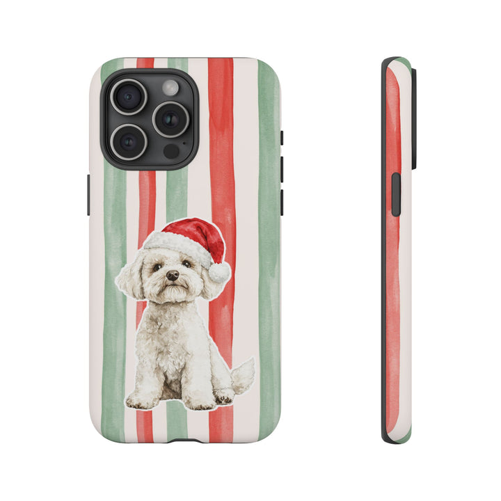 Maltese Christmas Tough iPhone Case, Red Sage Stripes, Santa Dog Phone Cover