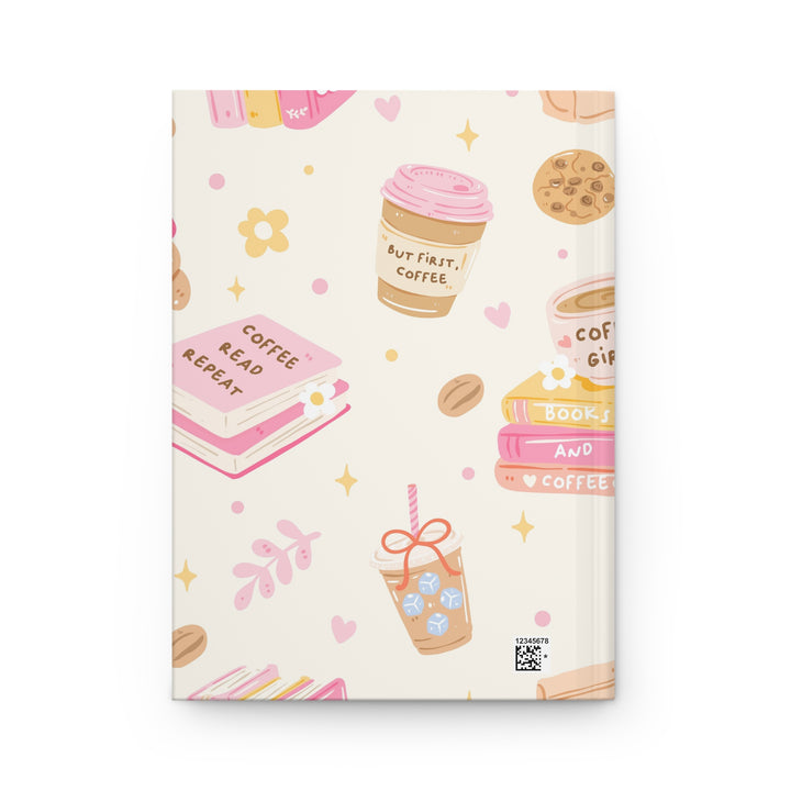 Coffee and Books Hardcover Notebook, Pastel Pink Lined Journal, Matte Book Lover Gift