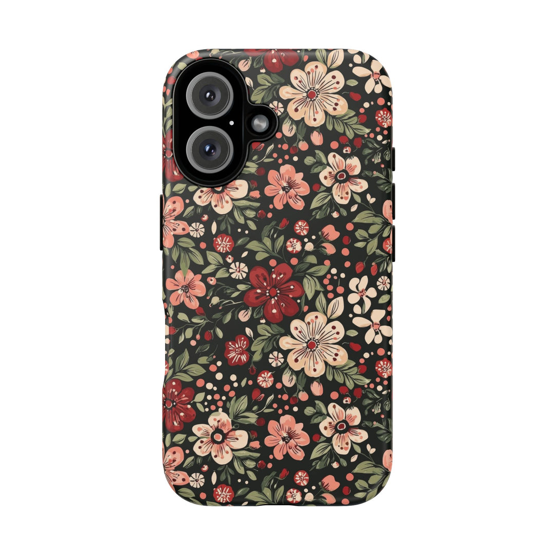 Retro Christmas Floral Tough iPhone Case, Dark Botanical Pink Red Flower Phone Cover, Matte or Glossy