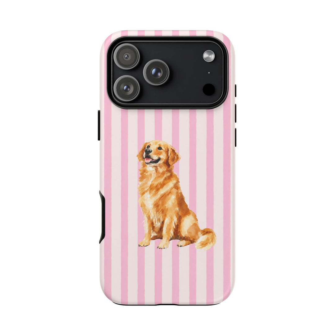 Golden Retriever iPhone Case, Pink Stripe Tough Phone Cover, Golden Retriever Mom Gift
