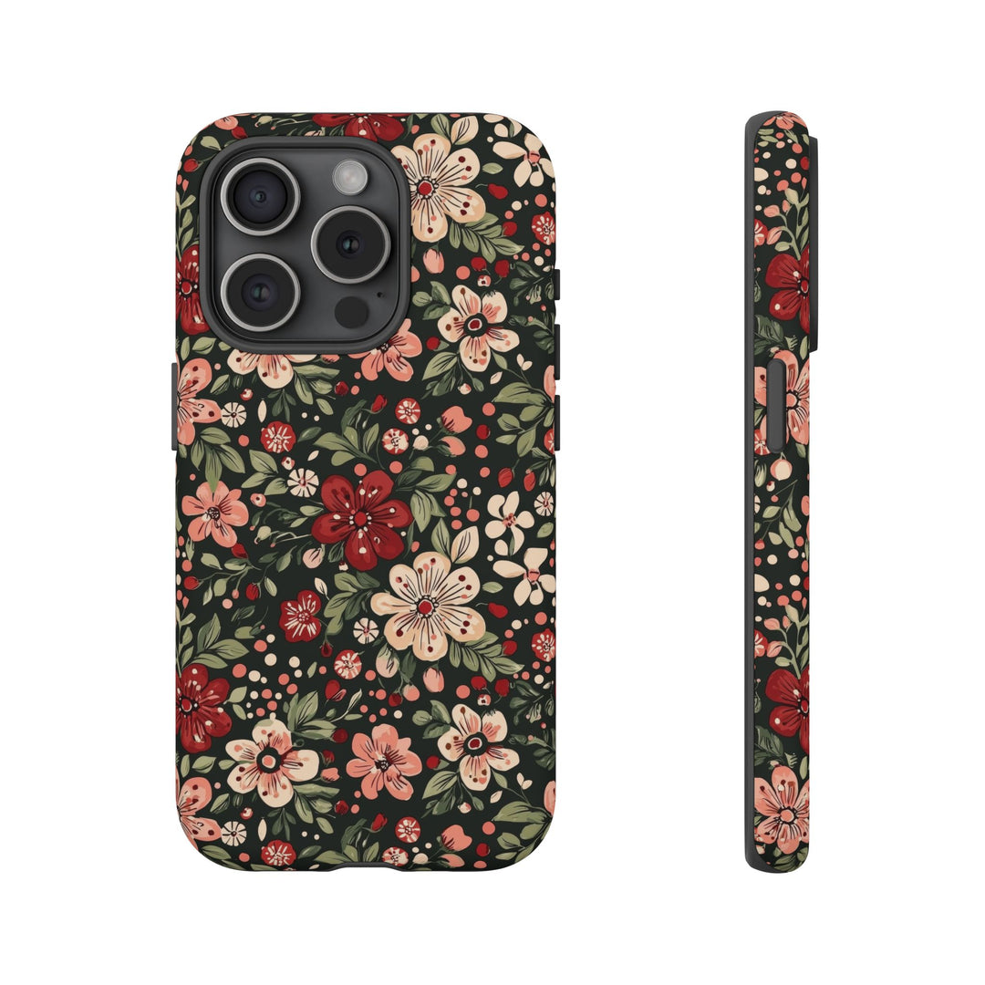 Retro Christmas Floral Tough iPhone Case, Dark Botanical Pink Red Flower Phone Cover, Matte or Glossy
