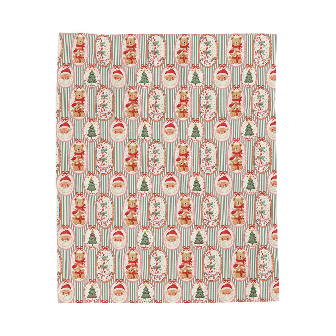 Santa Teddy Bear Velveteen Plush Blanket, Vintage Christmas Candy Cane Throw, Green Stripe Holiday Gift