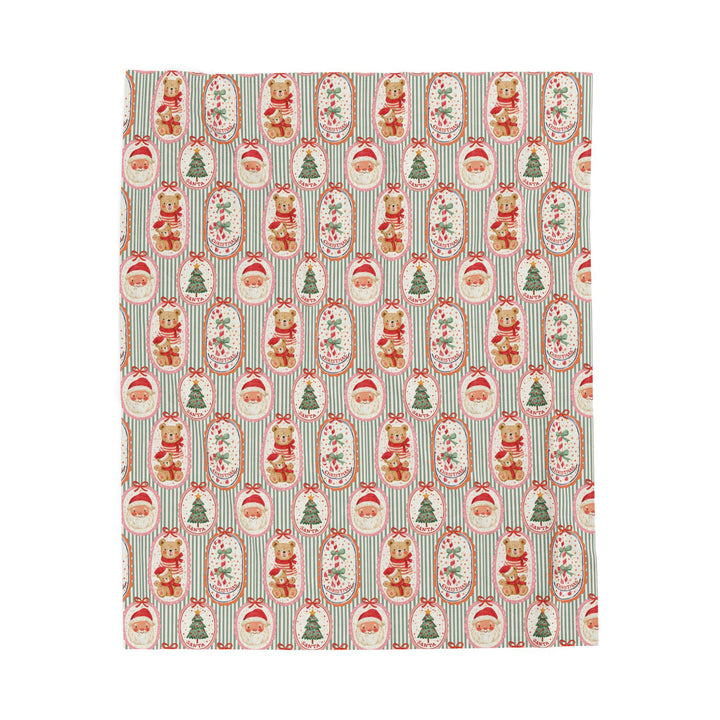 Santa Teddy Bear Velveteen Plush Blanket, Vintage Christmas Candy Cane Throw, Green Stripe Holiday Gift