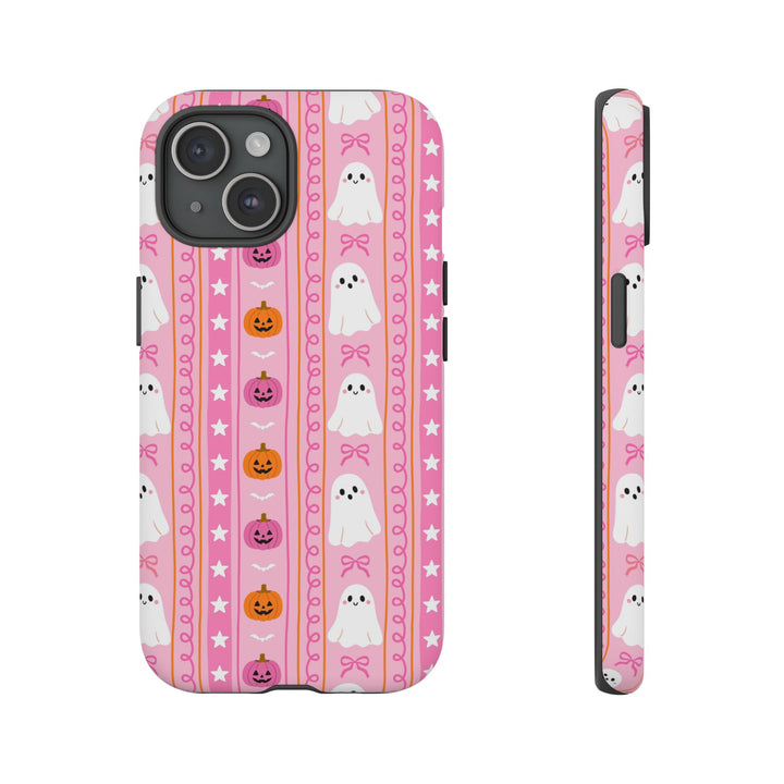 Pink Ghost Stripe Tough iPhone Case, Cute Halloween Pumpkin Bow Phone Cover, Matte or Glossy