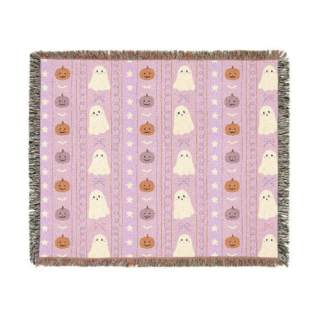 Pink Halloween Ghost Stripe Woven Blanket, Cute Pumpkin Bow Cotton Throw, Pastel Spooky Sofa Decor