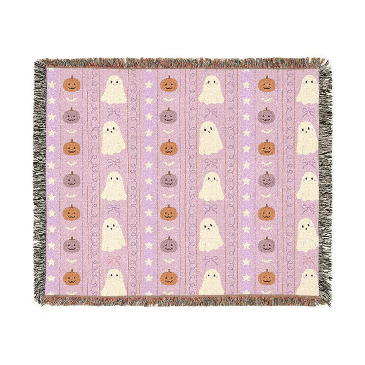 Pink Halloween Ghost Stripe Woven Blanket, Cute Pumpkin Bow Cotton Throw, Pastel Spooky Sofa Decor