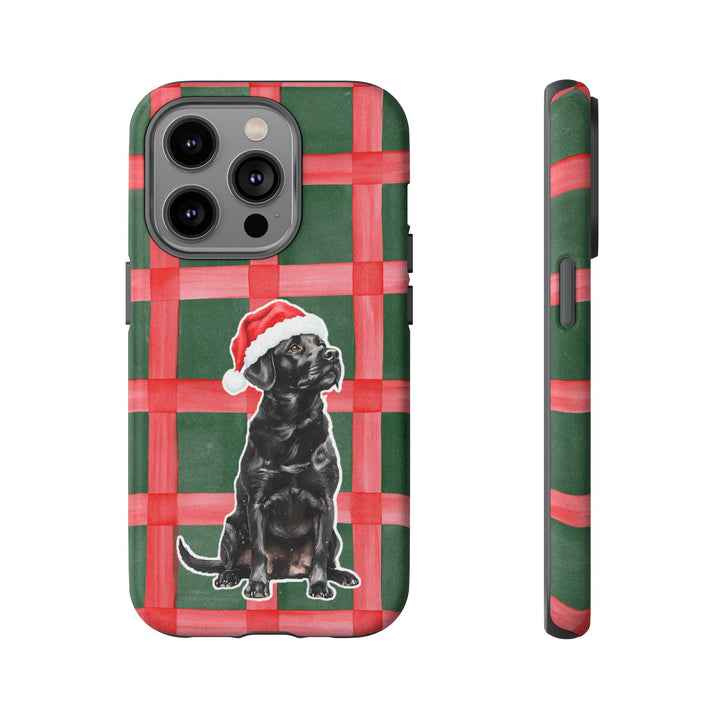 Black Labrador Christmas Tough iPhone Case, Red Green Plaid, Santa Dog Phone Cover