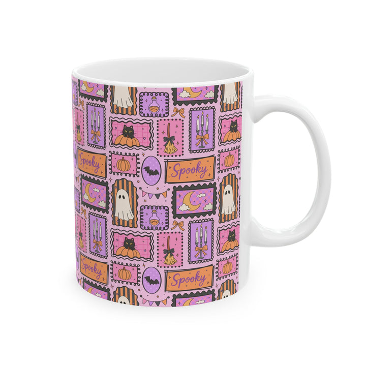 Pink Halloween Stamp Ceramic Mug, Spooky Black Cat Ghost Pumpkin Coffee Cup, Pastel Witchy Gift, 11oz and 15oz