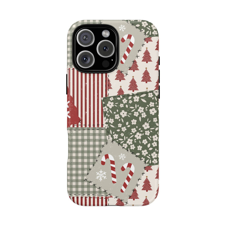 Christmas Patchwork Tough iPhone Case, Red Sage Floral Gingham Holiday Phone Cover, Matte or Glossy