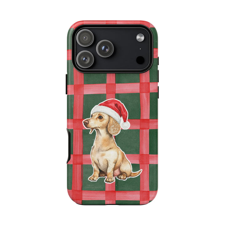 Dachshund Christmas Tough iPhone Case, Red Green Plaid, Santa Dog Phone Cover