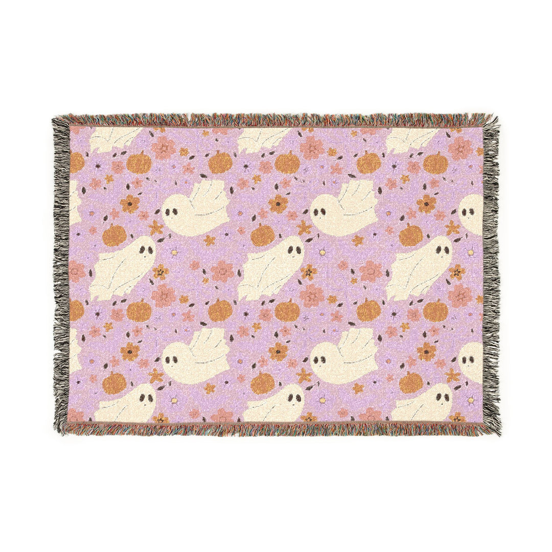 Pink Floral Ghost Woven Blanket, Cute Halloween Pumpkin Cotton Throw, Pastel Spooky Sofa Decor