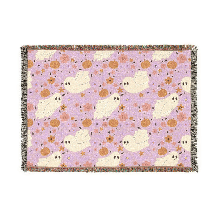 Pink Floral Ghost Woven Blanket, Cute Halloween Pumpkin Cotton Throw, Pastel Spooky Sofa Decor