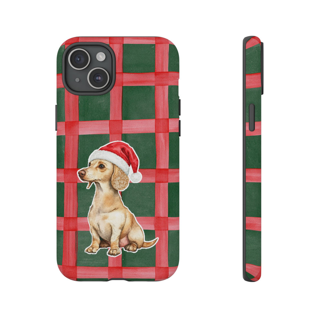 Dachshund Christmas Tough iPhone Case, Red Green Plaid, Santa Dog Phone Cover