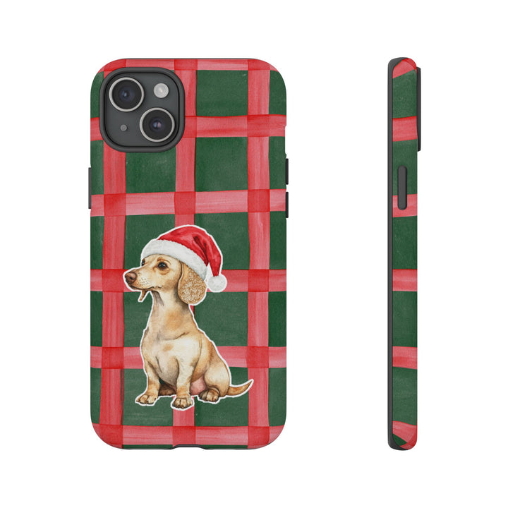 Dachshund Christmas Tough iPhone Case, Red Green Plaid, Santa Dog Phone Cover