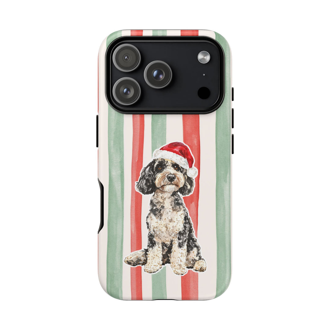 Doodle Christmas Tough iPhone Case, Red Sage Stripes, Santa Dog Phone Cover