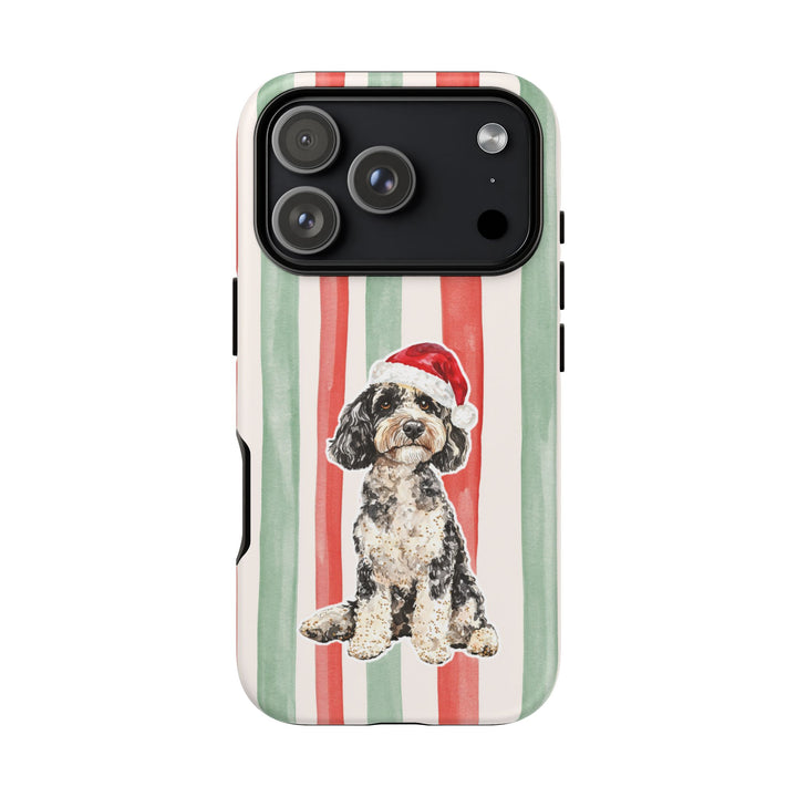 Doodle Christmas Tough iPhone Case, Red Sage Stripes, Santa Dog Phone Cover