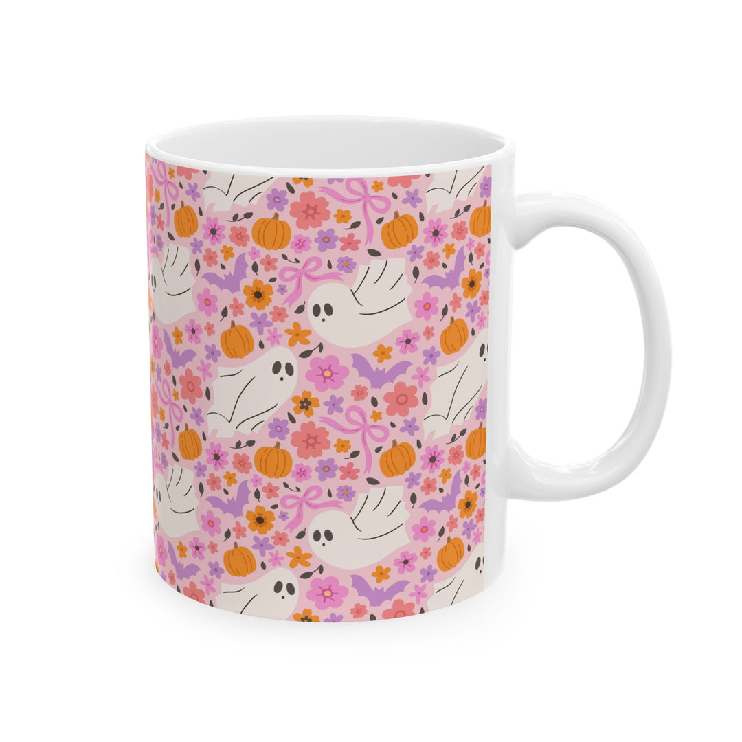 Pink Floral Ghost Ceramic Mug, Cute Halloween Pumpkin Coffee Cup, Pastel Spooky Gift, 11oz and 15oz