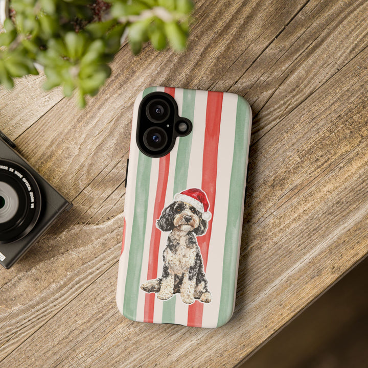 Doodle Christmas Tough iPhone Case, Red Sage Stripes, Santa Dog Phone Cover