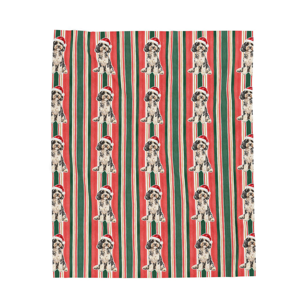 Doodle Christmas Velveteen Plush Blanket, Classic Red Green Stripes, Santa Dog Throw