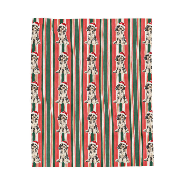Doodle Christmas Velveteen Plush Blanket, Classic Red Green Stripes, Santa Dog Throw