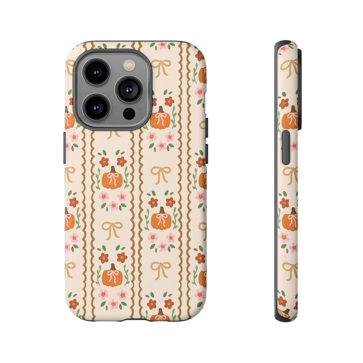 Girly Fall Pumpkin Bow Tough iPhone Case, Scalloped Floral Autumn Phone Cover, Matte or Glossy
